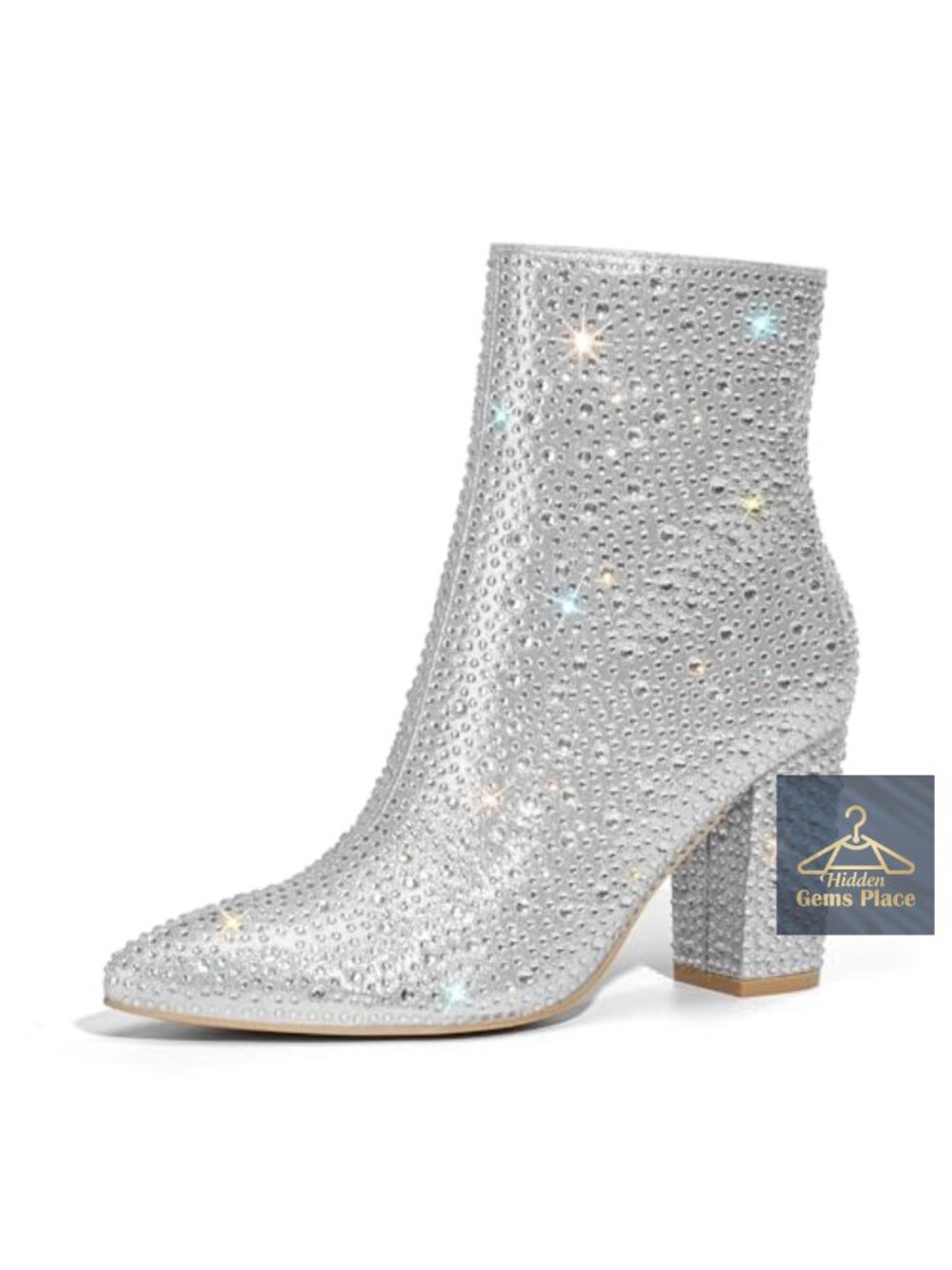 Sparkly Rhinestone Ankle Booties for Women Pointed Toe Block Heel Side Zipper